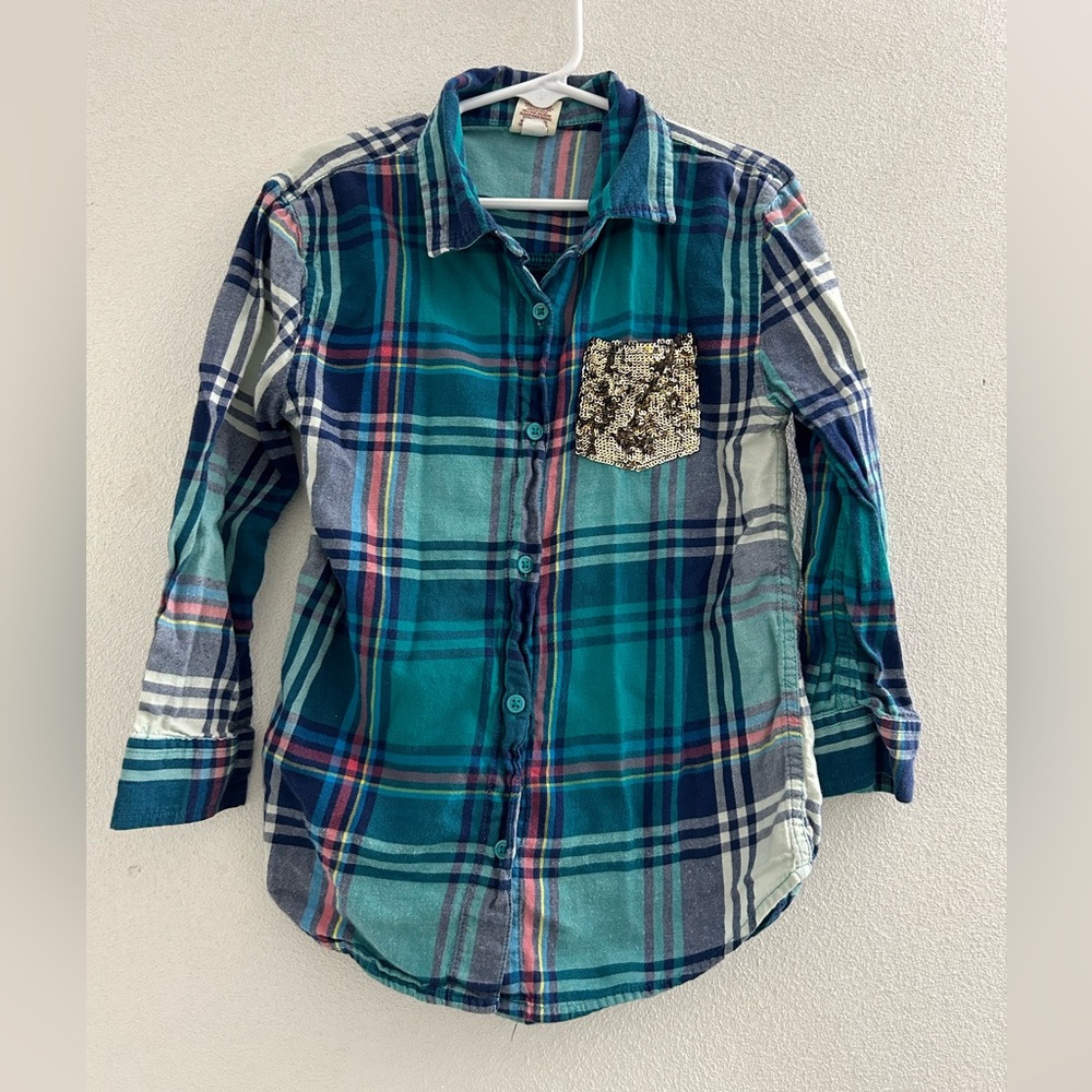 Plaid Kids Shirt with Sequin Pocket by Arizona Jean Co. girls size 6